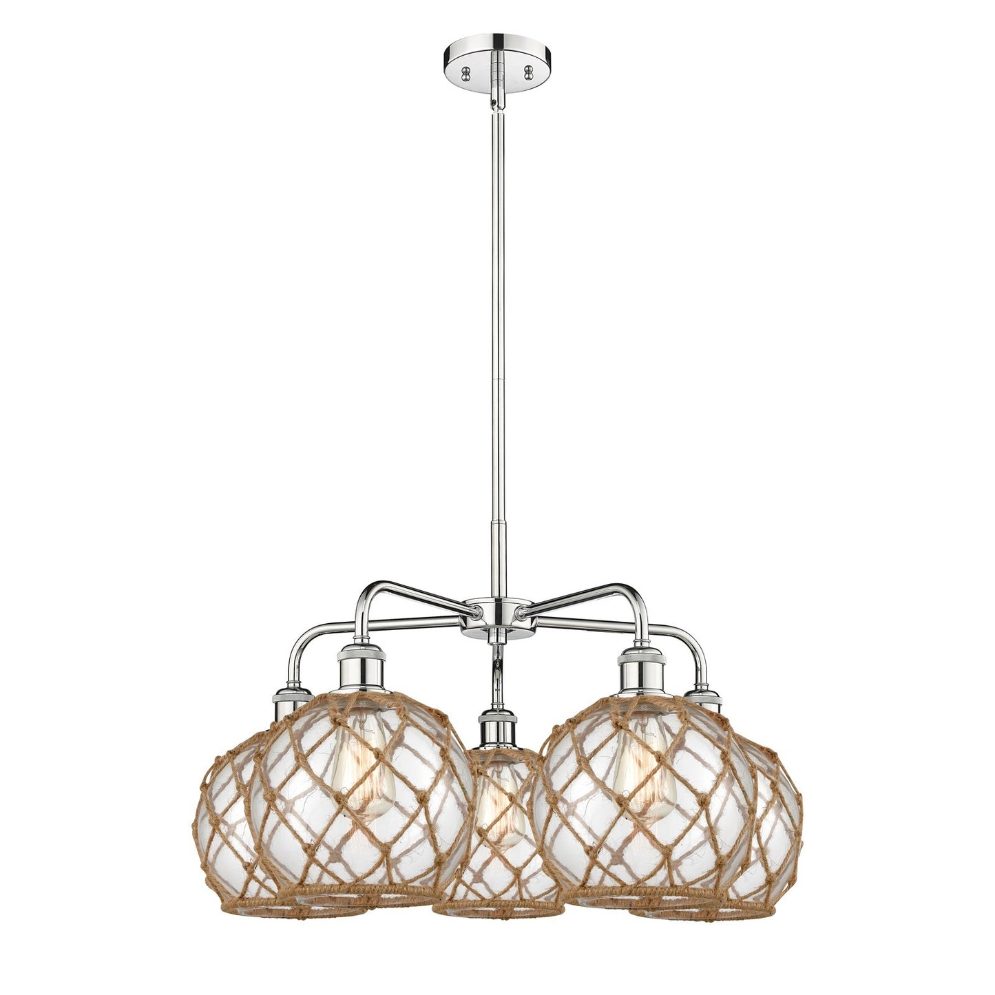 Innovations Farmhouse Rope 27in 5-Light Chandelier | Industrial Polished Chrome and Clear Glass with Brown Rope | Dining Room | Model 516-5CR-PC-G122-8RB