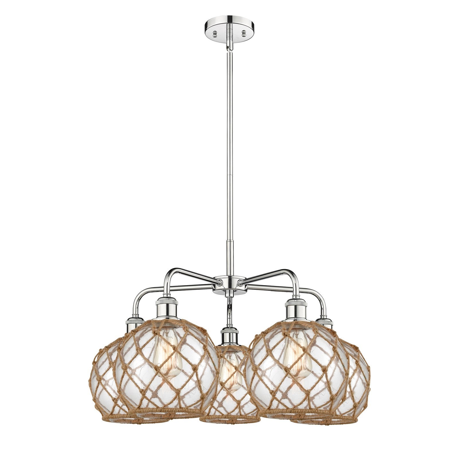 Innovations Farmhouse Rope 27in 5-Light Chandelier | Industrial Polished Chrome and Clear Glass with Brown Rope | Dining Room | Model 516-5CR-PC-G122-8RB