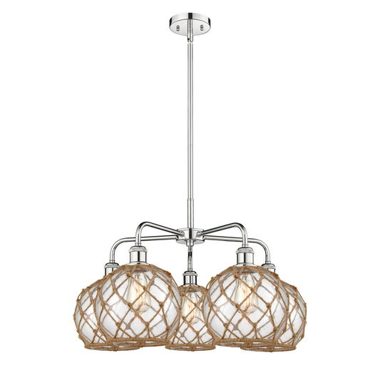 Innovations Farmhouse Rope 27in 5-Light Chandelier | Industrial Polished Chrome and Clear Glass with Brown Rope | Dining Room | Model 516-5CR-PC-G122-8RB