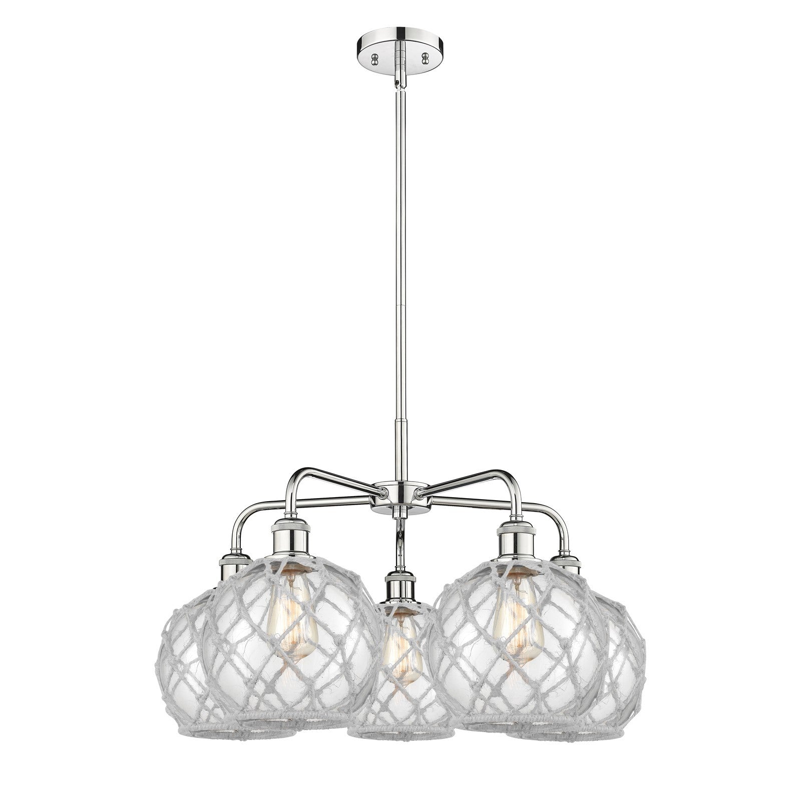 Innovations Farmhouse Rope 27in 5-Light Chandelier | Industrial Polished Chrome and Clear Glass with White Rope | Dining Room | Model 516-5CR-PC-G122-8RW