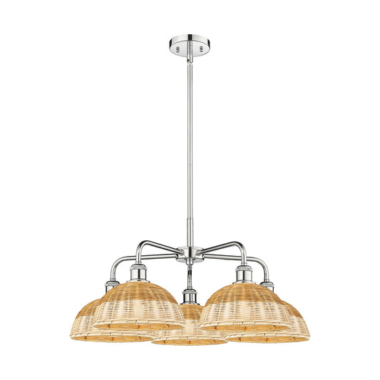 Innovations Bristol Natural II 28in 5-Light Chandelier | Industrial Polished Chrome and Natural Fiber Dome Shade | Model 516-5CR-PC-NBD2-9-NAT