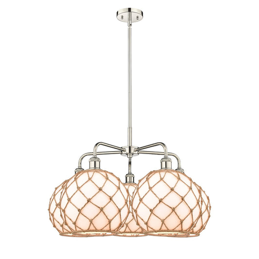 Innovations Farmhouse Rope 29in 5-Light Chandelier | Industrial Polished Nickel Steel and Matte White Glass with Brown Rope | Model 516-5CR-PN-G121-10RB