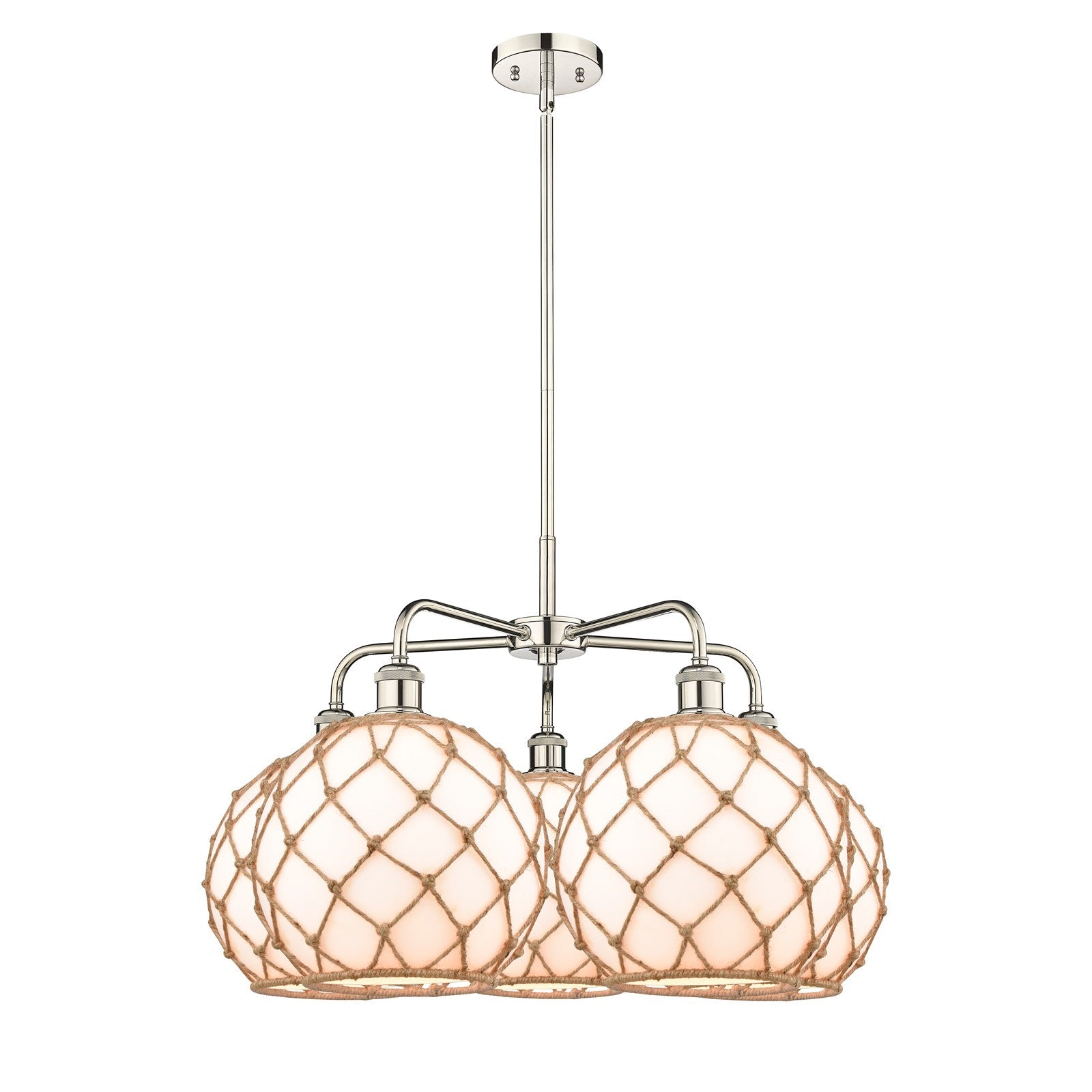 Innovations Farmhouse Rope 29in 5-Light Chandelier | Industrial Polished Nickel Steel and Matte White Glass with Brown Rope | Model 516-5CR-PN-G121-10RB