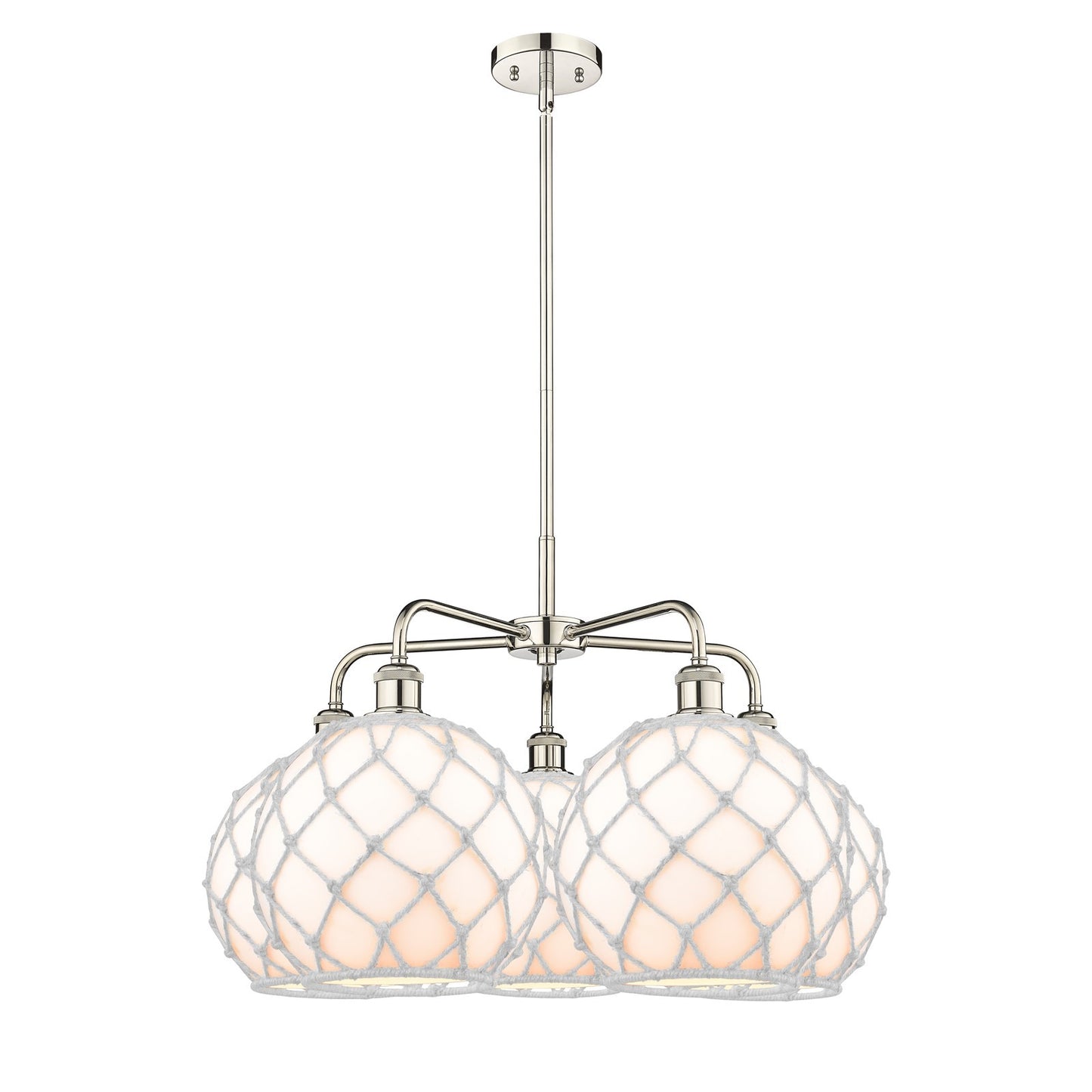 Innovations Farmhouse Rope 29in 5-Light Chandelier | Industrial Polished Nickel Steel and White Glass with White Rope | Model 516-5CR-PN-G121-10RW