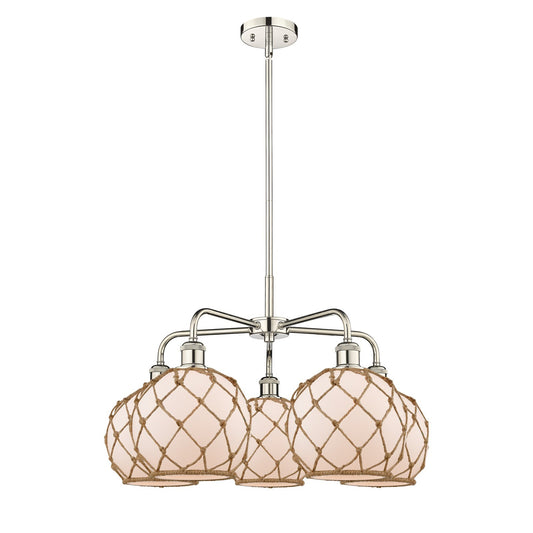 Innovations Farmhouse Rope 27in 5-Light Chandelier | Industrial Polished Nickel and White Glass with Brown Rope | Dining Room | Model 516-5CR-PN-G121-8RB