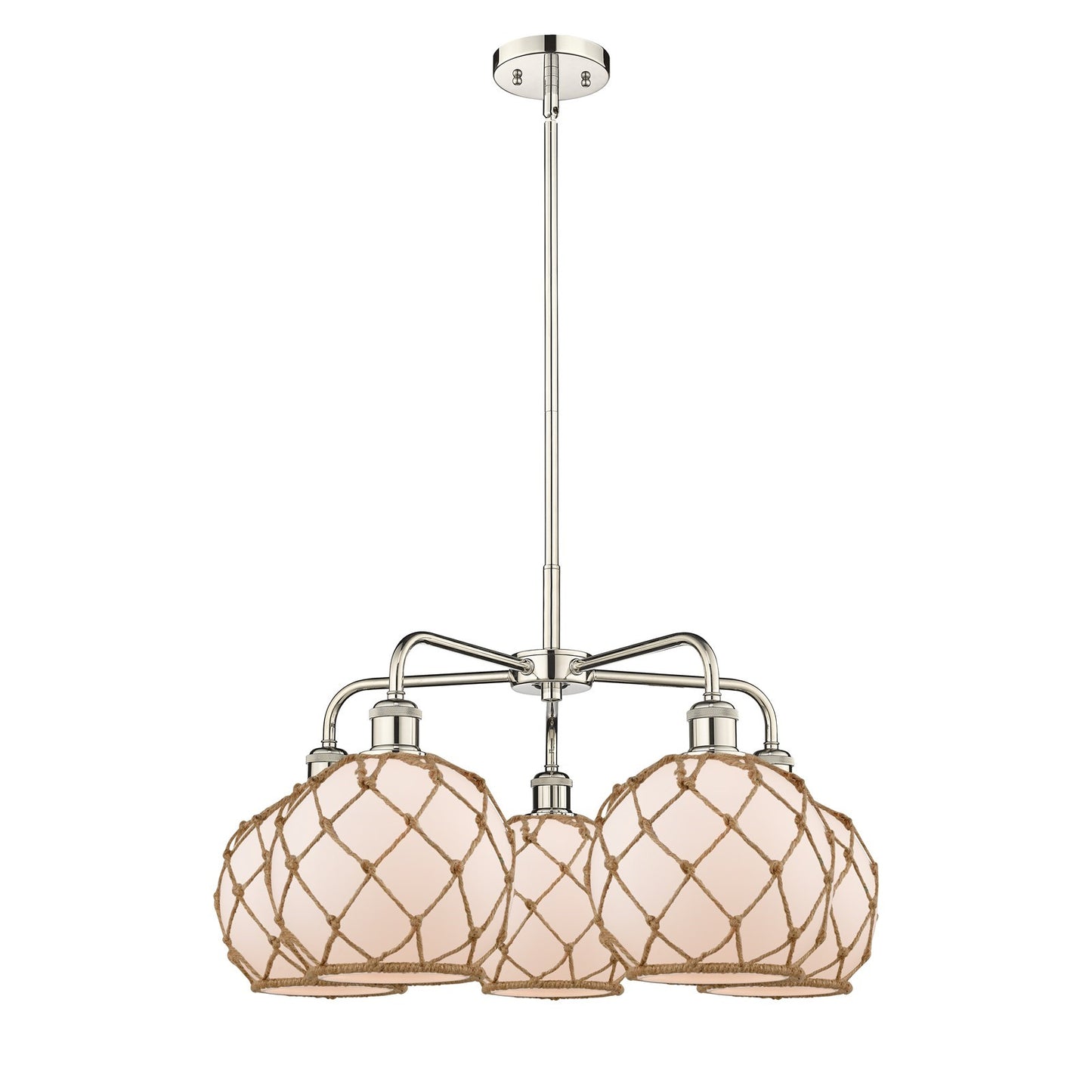 Innovations Farmhouse Rope 27in 5-Light Chandelier | Industrial Polished Nickel and White Glass with Brown Rope | Dining Room | Model 516-5CR-PN-G121-8RB