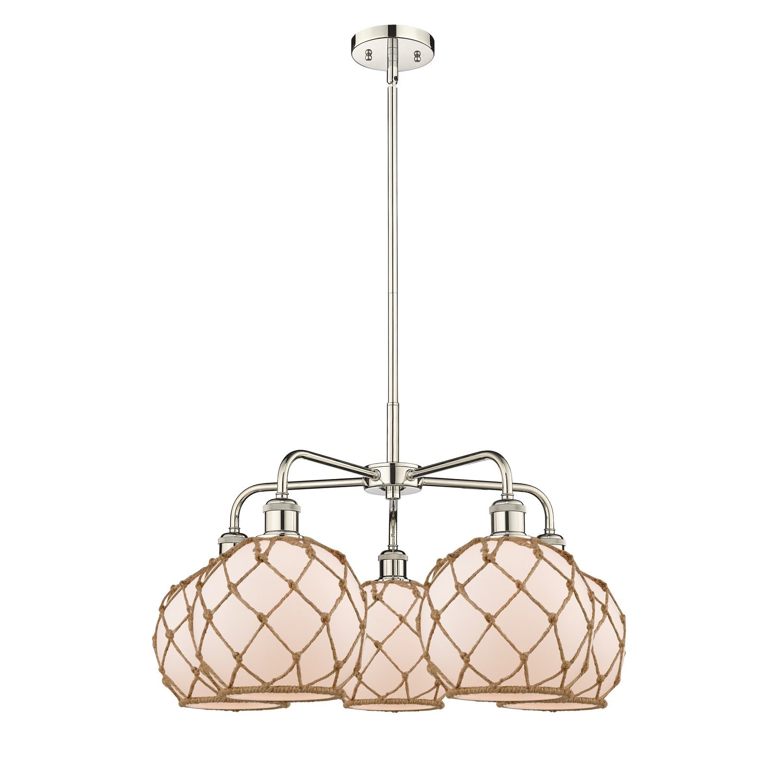Innovations Farmhouse Rope 27in 5-Light Chandelier | Industrial Polished Nickel and White Glass with Brown Rope | Dining Room | Model 516-5CR-PN-G121-8RB