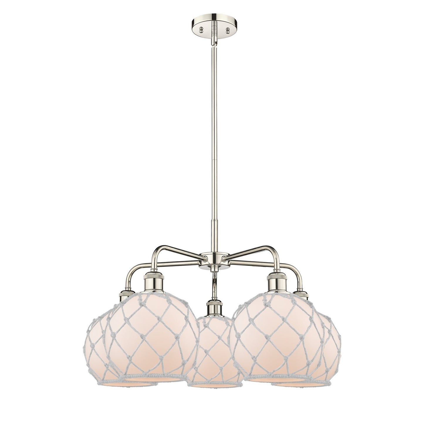 Innovations Farmhouse Rope 27in 5-Light Chandelier | Industrial Polished Nickel and White Glass with Rope | Dining Room & | Model 516-5CR-PN-G121-8RW