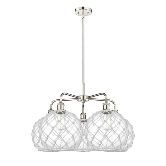 Innovations Farmhouse Rope 29in 5-Light Chandelier | Industrial Polished Nickel and Clear Glass with White Rope | Dining Room | Model 516-5CR-PN-G122-10RW