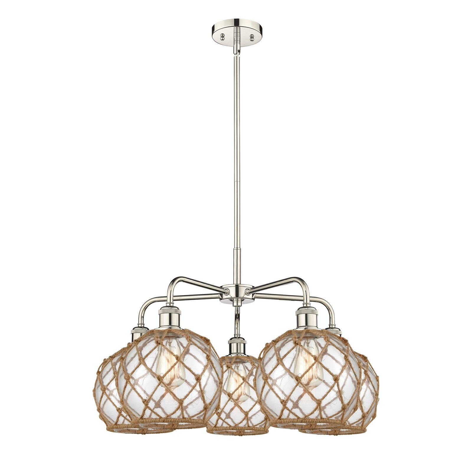 Innovations Farmhouse Rope 27in 5-Light Chandelier | Industrial Polished Nickel and Clear Glass with Brown Rope | Dining Room | Model 516-5CR-PN-G122-8RB