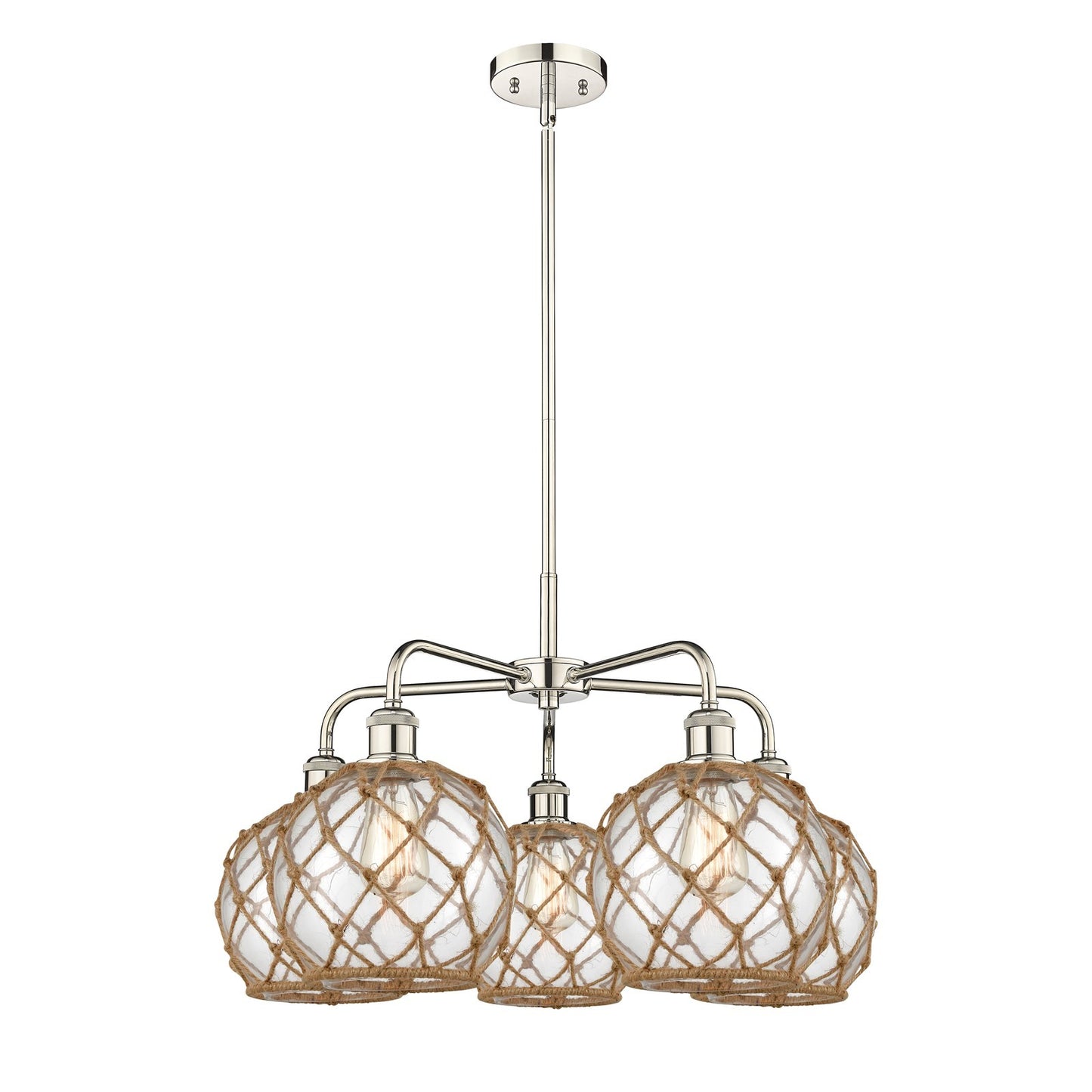 Innovations Farmhouse Rope 27in 5-Light Chandelier | Industrial Polished Nickel and Clear Glass with Brown Rope | Dining Room | Model 516-5CR-PN-G122-8RB