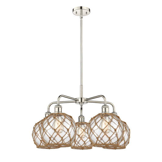 Innovations Farmhouse Rope 27in 5-Light Chandelier | Industrial Polished Nickel and Clear Glass with Brown Rope | Dining Room | Model 516-5CR-PN-G122-8RB