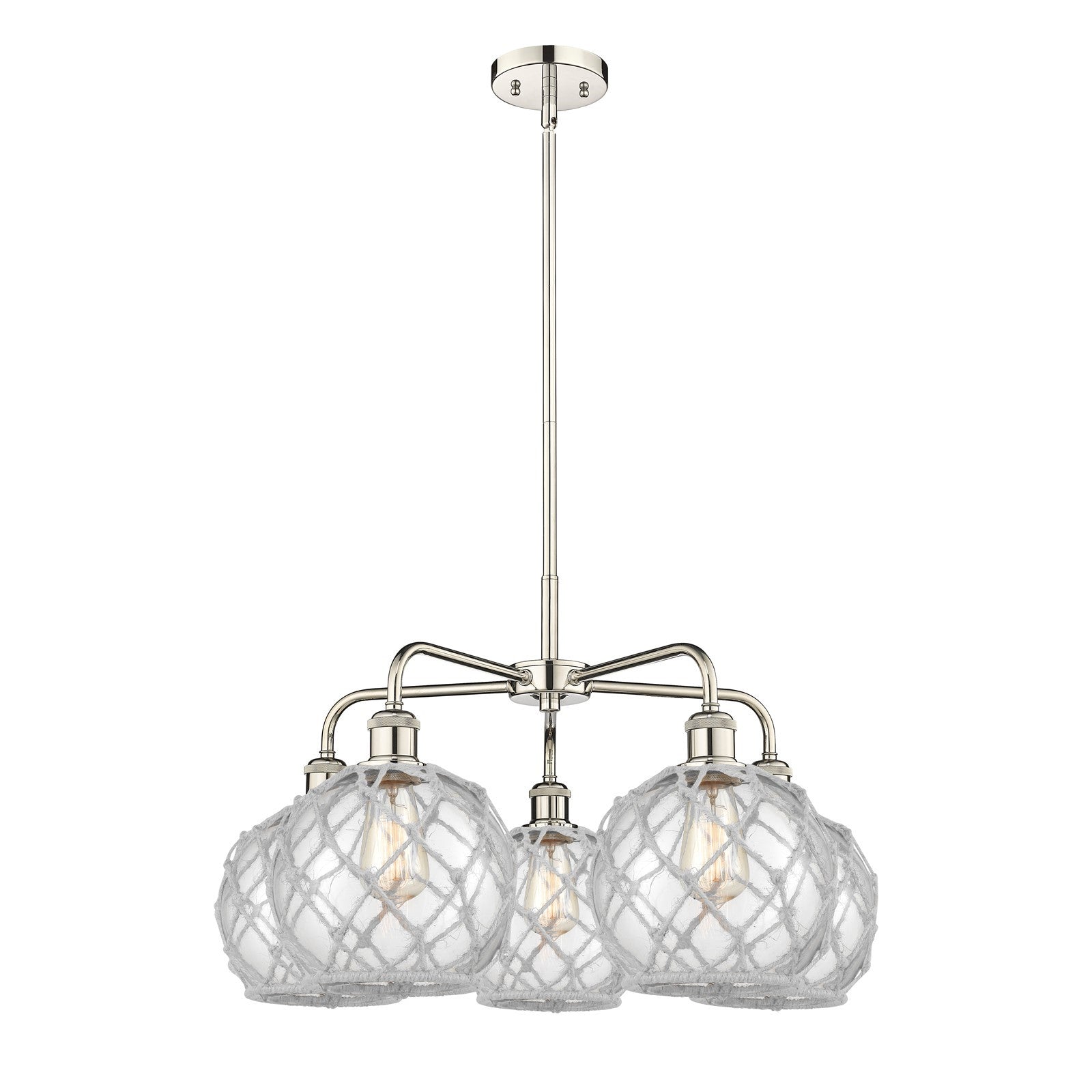 Innovations Farmhouse Rope 27in 5-Light Chandelier | Industrial Polished Nickel and Clear Glass with White Rope | Dining Room | Model 516-5CR-PN-G122-8RW