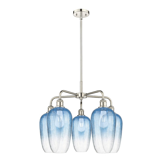 Innovations Brookhaven Flute 26in 5-Light Chandelier | Industrial Polished Nickel and Sapphire Blue Glass | Kitchen Island & | Model 516-5CR-PN-G484-7SB