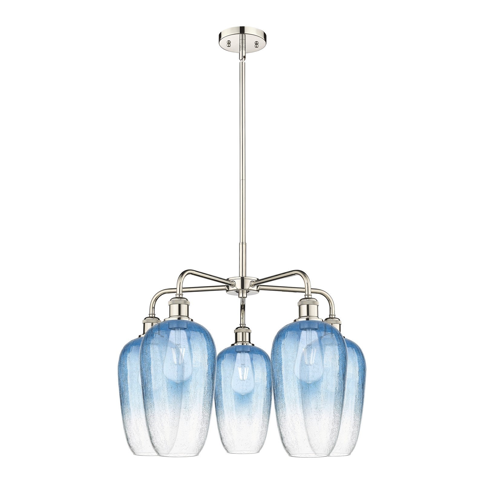 Innovations Brookhaven Flute 26in 5-Light Chandelier | Industrial Polished Nickel and Sapphire Blue Glass | Kitchen Island & | Model 516-5CR-PN-G484-7SB