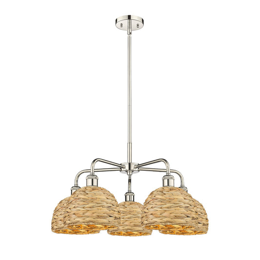 Innovations Ballston 27in 5-Light Chandelier | Industrial Polished Nickel and Natural Rattan | Dining Room & Living Room | Model 516-5CR-PN-RBD-8-NAT