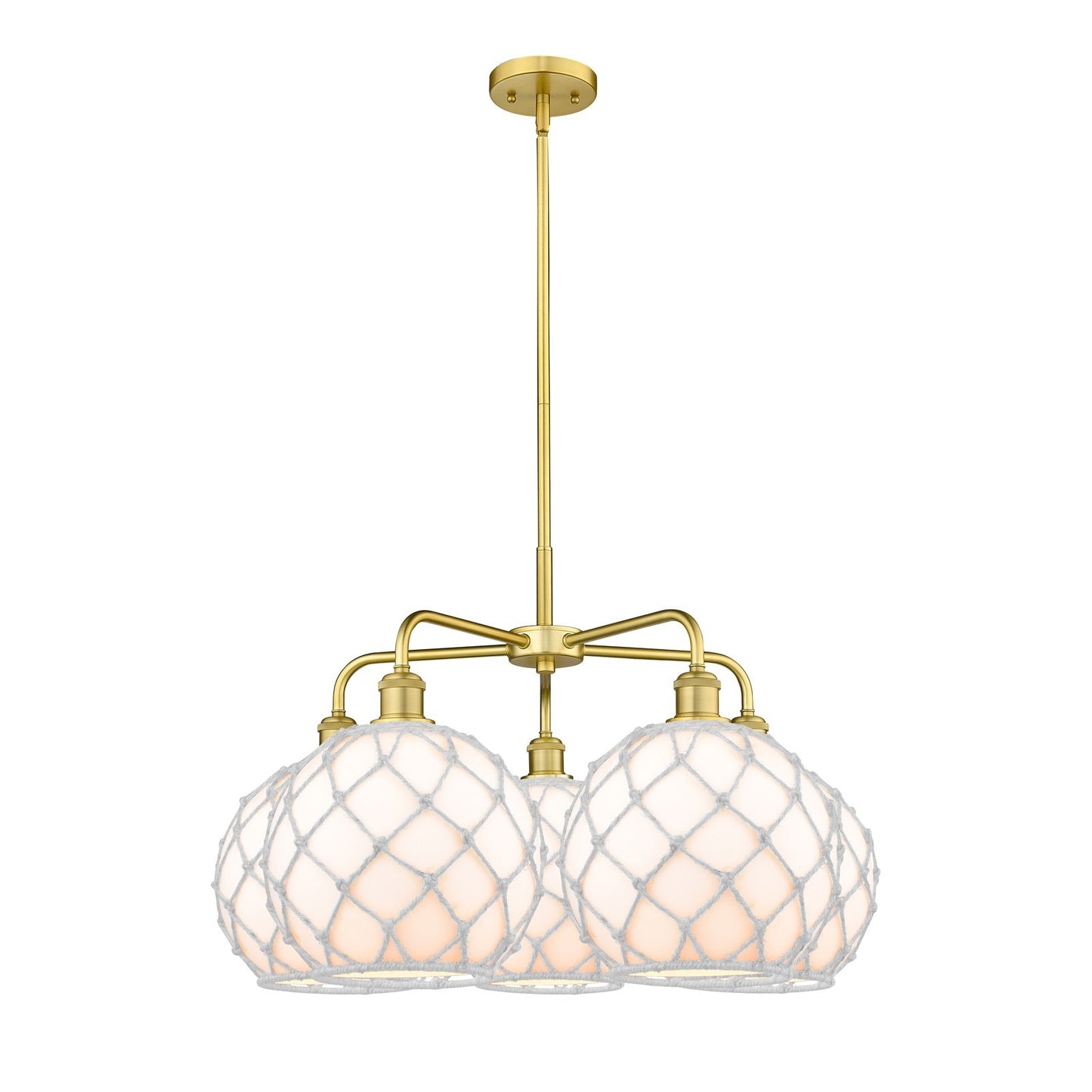 Innovations Farmhouse Rope 29in 5-Light Chandelier | Industrial Satin Gold Steel and White Glass with Rope | Dining Room & | Model 516-5CR-SG-G121-10RW