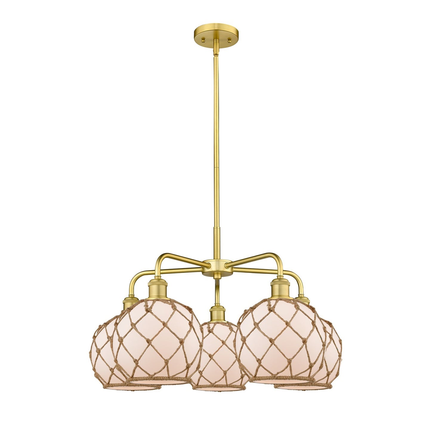 Innovations Farmhouse Rope 27in 5-Light Chandelier | Industrial Satin Gold Steel and White Frosted Glass with Brown Rope | Model 516-5CR-SG-G121-8RB