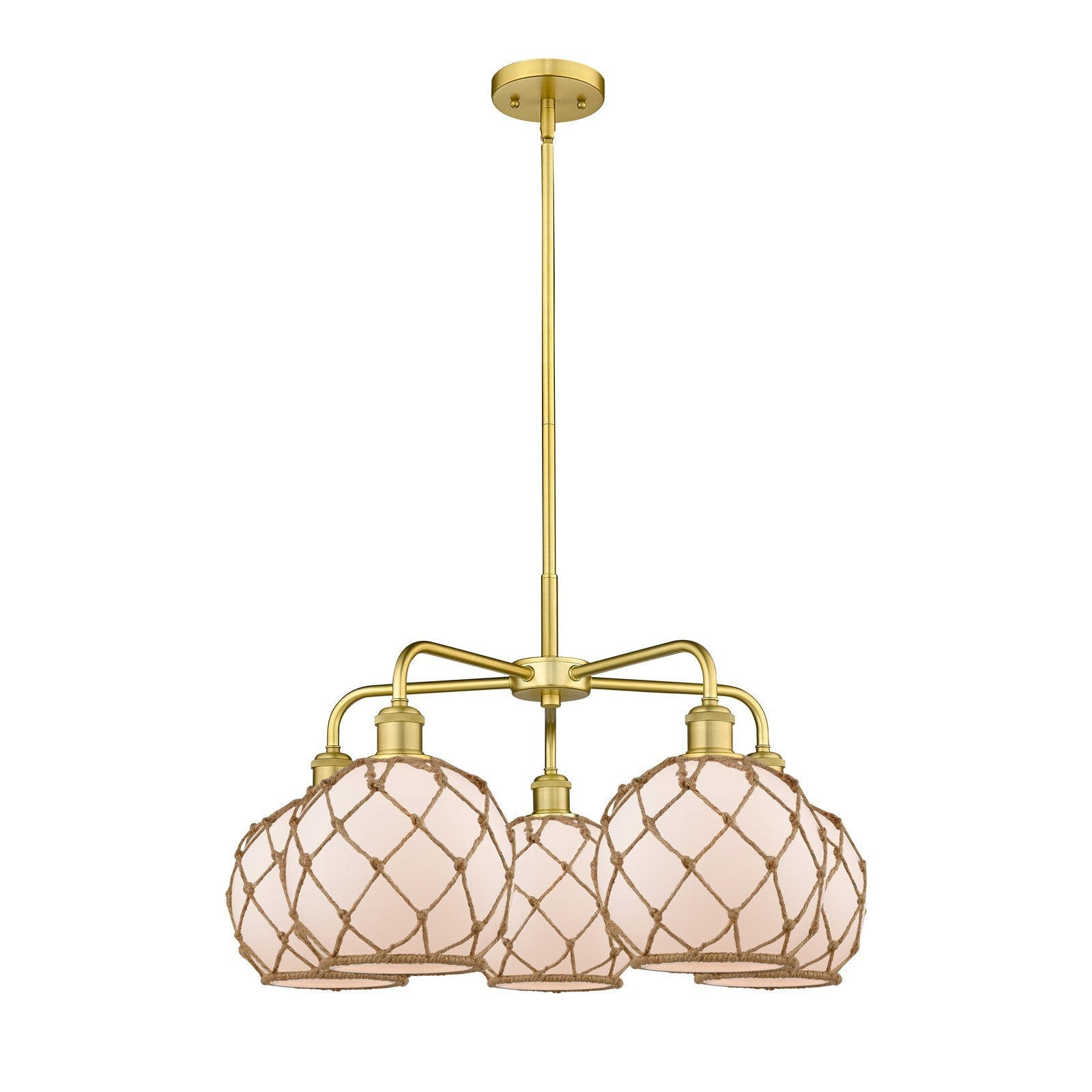 Innovations Farmhouse Rope 27in 5-Light Chandelier | Industrial Satin Gold Steel and White Frosted Glass with Brown Rope | Model 516-5CR-SG-G121-8RB