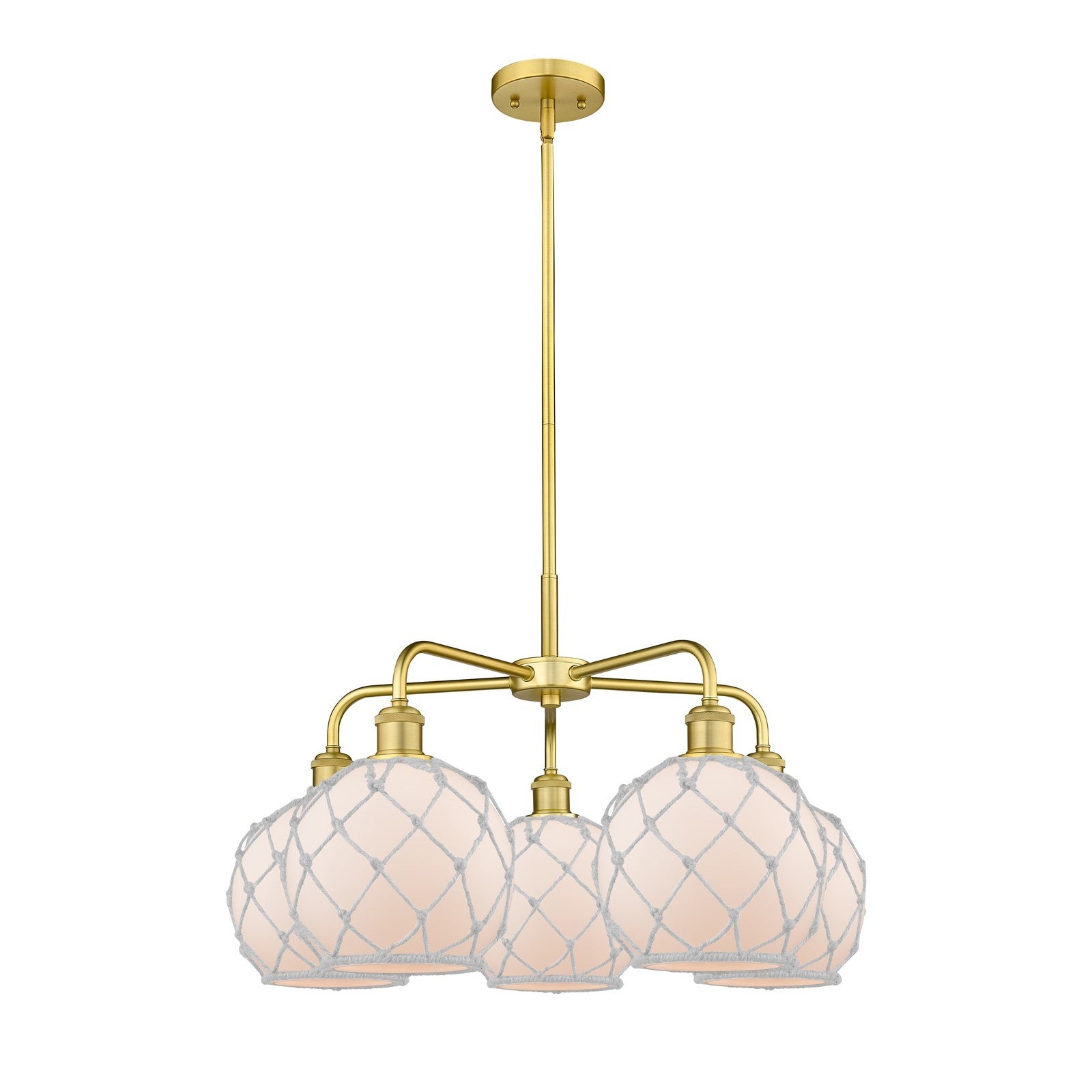 Innovations Farmhouse Rope 27in 5-Light Chandelier | Industrial Satin Gold Steel and White Frosted Glass with Rope Shade | Model 516-5CR-SG-G121-8RW