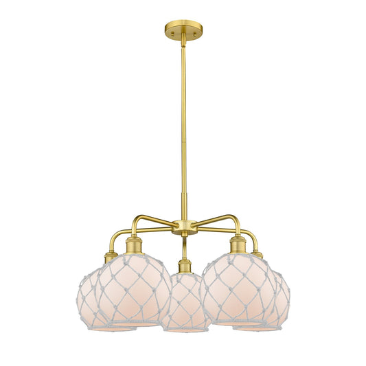 Innovations Farmhouse Rope 27in 5-Light Chandelier | Industrial Satin Gold Steel and White Frosted Glass with Rope Shade | Model 516-5CR-SG-G121-8RW
