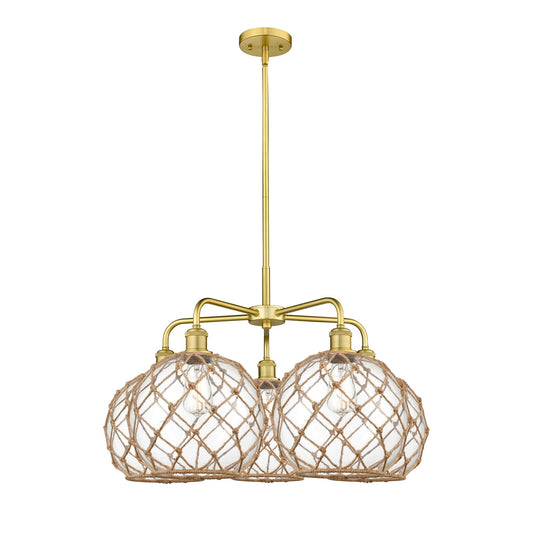 Innovations Farmhouse Rope 29in 5-Light Chandelier | Industrial Satin Gold Steel and Clear Glass | Kitchen Island & Dining | Model 516-5CR-SG-G122-10RB