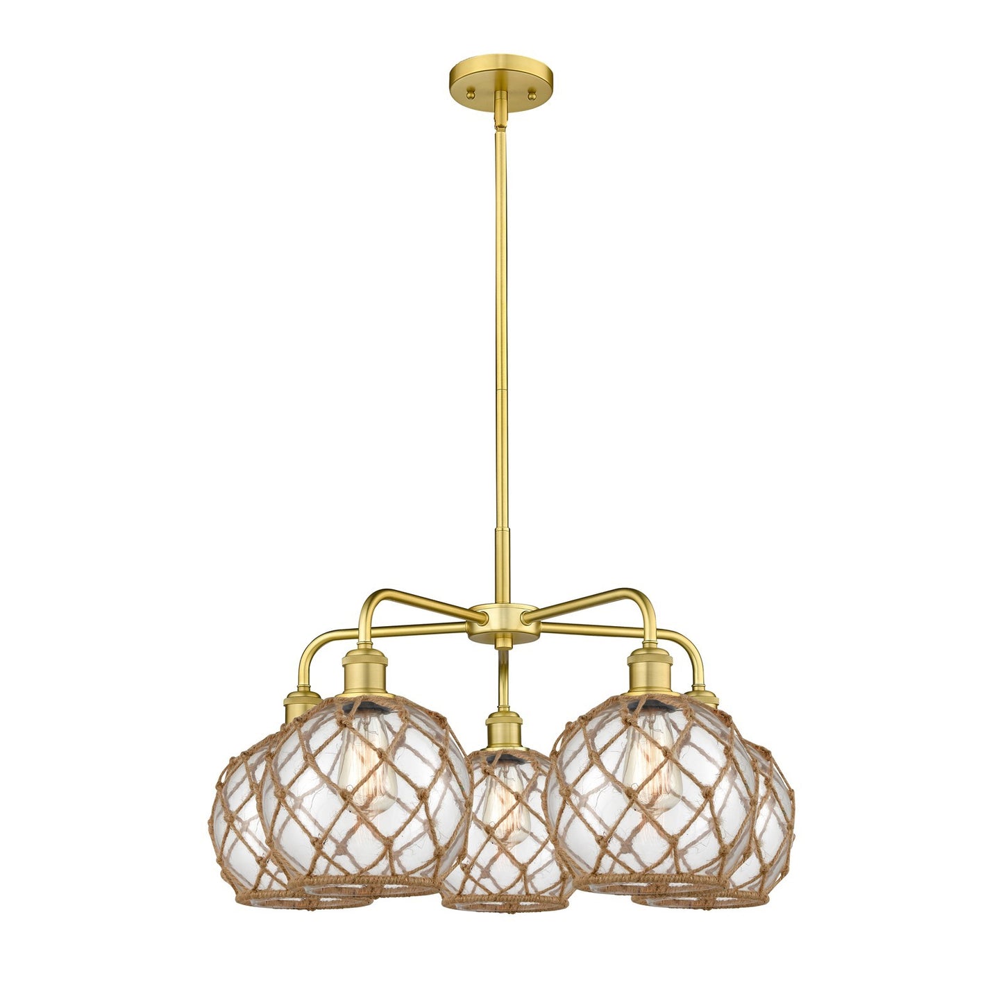 Innovations Farmhouse Rope 27in 5-Light Chandelier | Industrial Satin Gold Steel and Clear Glass with Brown Rope | Dining Room | Model 516-5CR-SG-G122-8RB