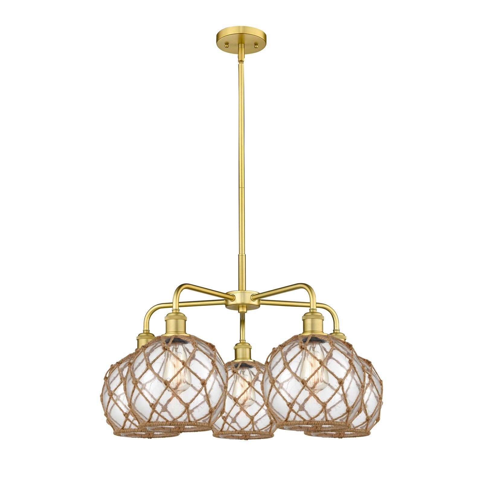 Innovations Farmhouse Rope 27in 5-Light Chandelier | Industrial Satin Gold Steel and Clear Glass with Brown Rope | Dining Room | Model 516-5CR-SG-G122-8RB