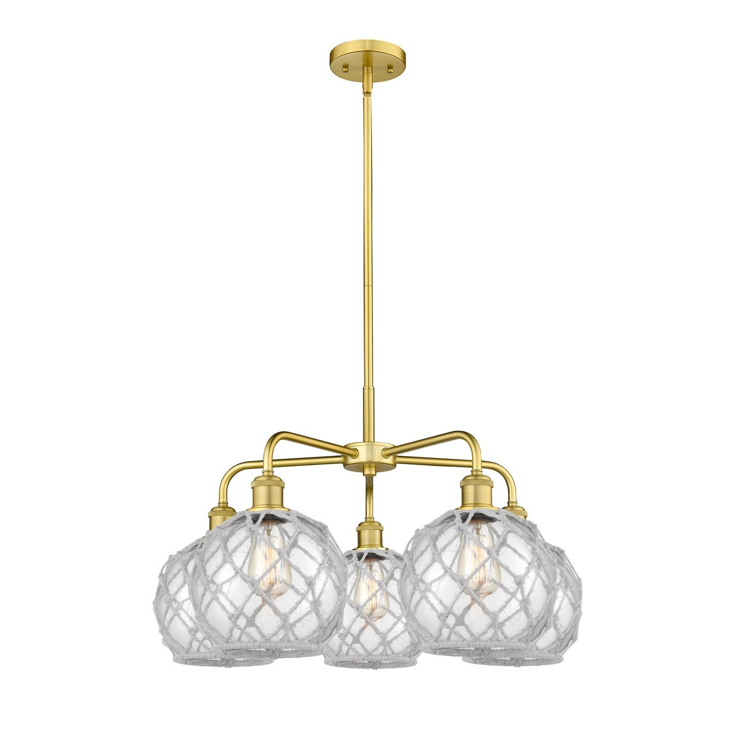 Innovations Farmhouse Rope 27in 5-Light Chandelier | Industrial Satin Gold and Clear Glass with White Rope | Dining Room & | Model 516-5CR-SG-G122-8RW