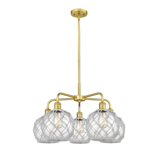 Innovations Farmhouse Rope 27in 5-Light Chandelier | Industrial Satin Gold and Clear Glass with White Rope | Dining Room & | Model 516-5CR-SG-G122-8RW
