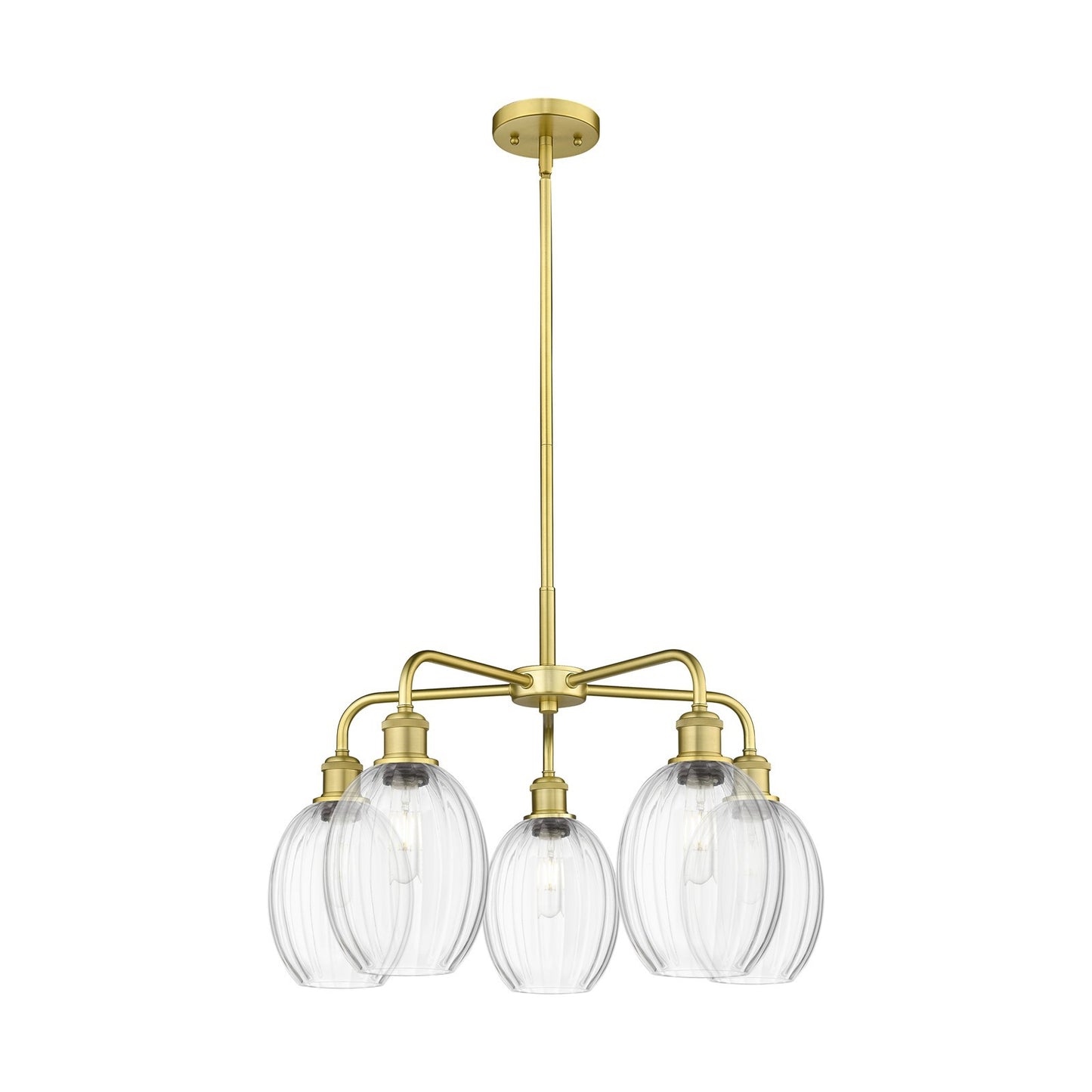 Innovations Preston Bulb 25in 5-Light Chandelier | Industrial Satin Gold Steel and Clear Glass | Dining Room & Living Room | Model 516-5CR-SG-G459-6CL