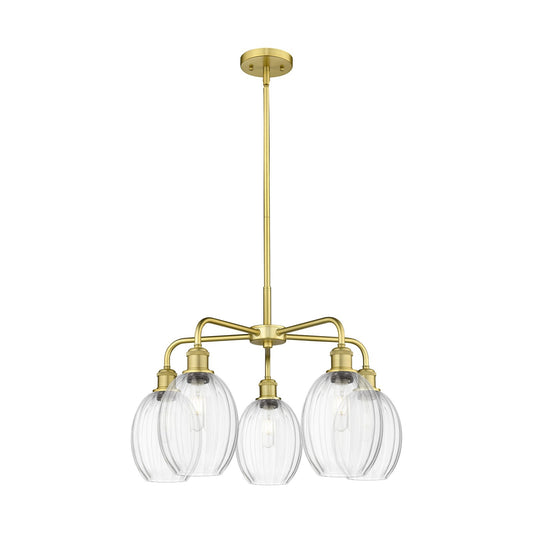 Innovations Preston Bulb 25in 5-Light Chandelier | Industrial Satin Gold Steel and Clear Glass | Dining Room & Living Room | Model 516-5CR-SG-G459-6CL