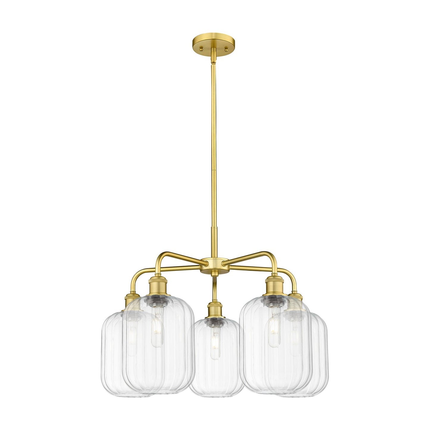 Innovations Preston Cylinder 25in 5-Light Chandelier | Industrial Satin Gold Steel and Clear Glass | Dining Room & Living Room | Model 516-5CR-SG-G460-7CL