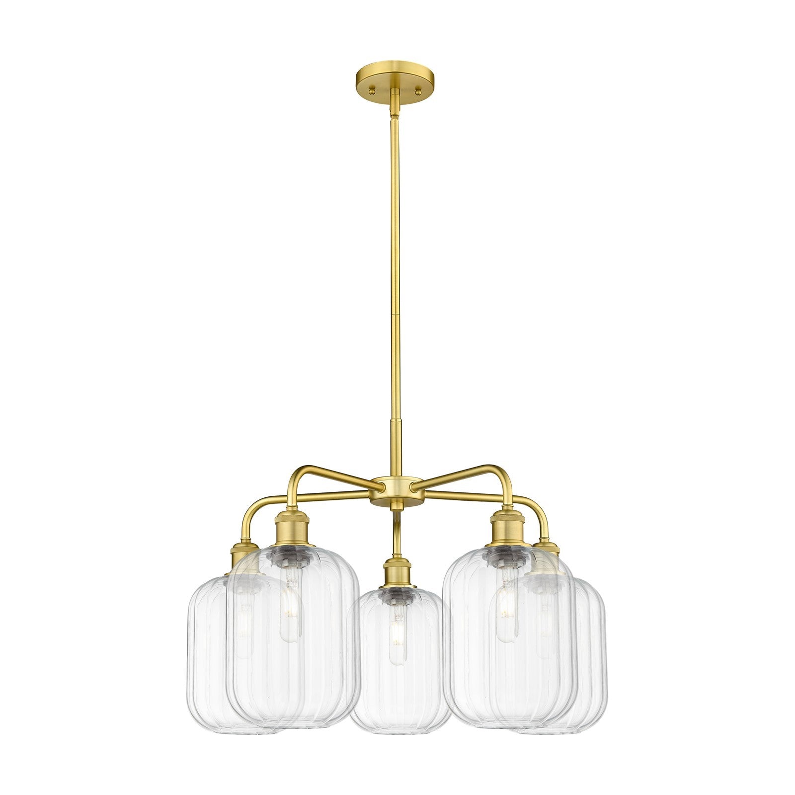 Innovations Preston Cylinder 25in 5-Light Chandelier | Industrial Satin Gold Steel and Clear Glass | Dining Room & Living Room | Model 516-5CR-SG-G460-7CL