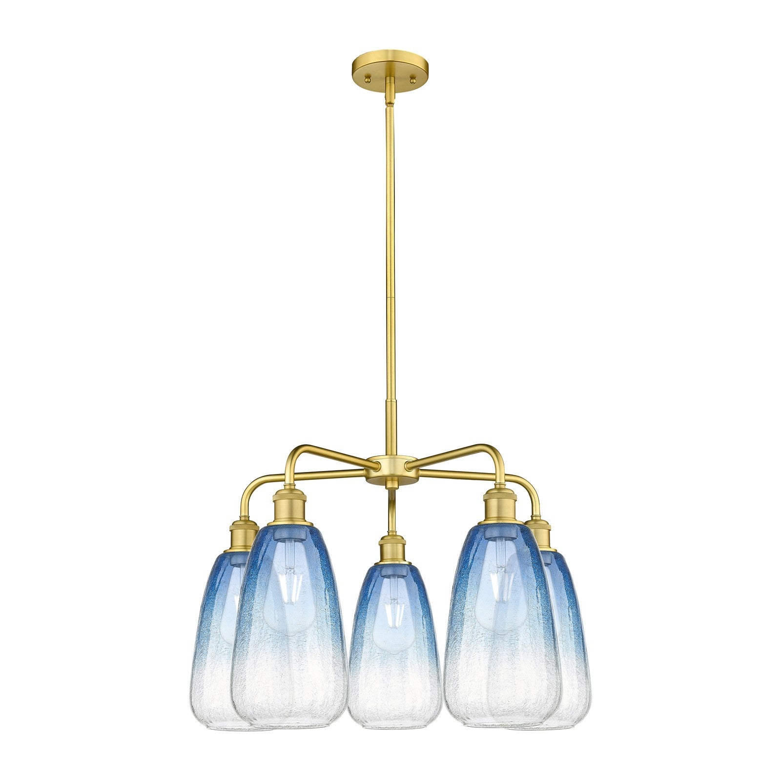 Innovations Brookhaven Almond 25in 5-Light Chandelier | Industrial Satin Gold Steel and Sapphire Blue Glass | Dining Room & | Model 516-5CR-SG-G480-6SB