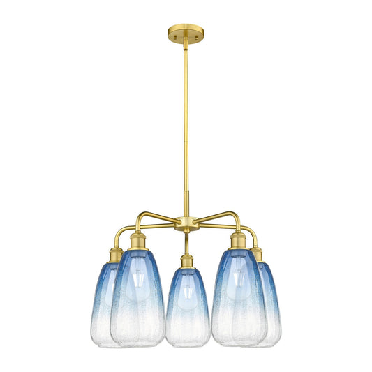 Innovations Brookhaven Almond 25in 5-Light Chandelier | Industrial Satin Gold Steel and Sapphire Blue Glass | Dining Room & | Model 516-5CR-SG-G480-6SB