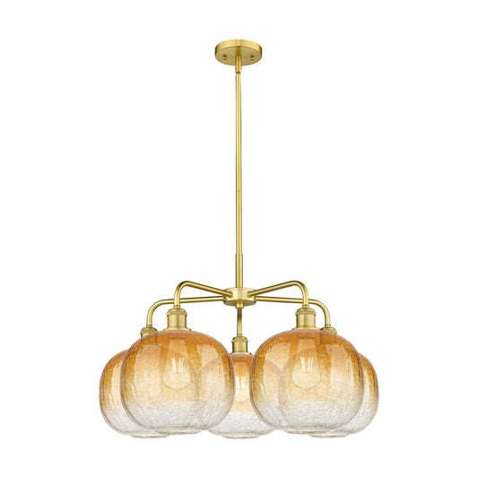 Innovations Brookhaven Sphere 29in 5-Light Chandelier | Industrial Satin Gold Steel and Amber Glass | Dining Room & Living | Model 516-5CR-SG-G481-10AM