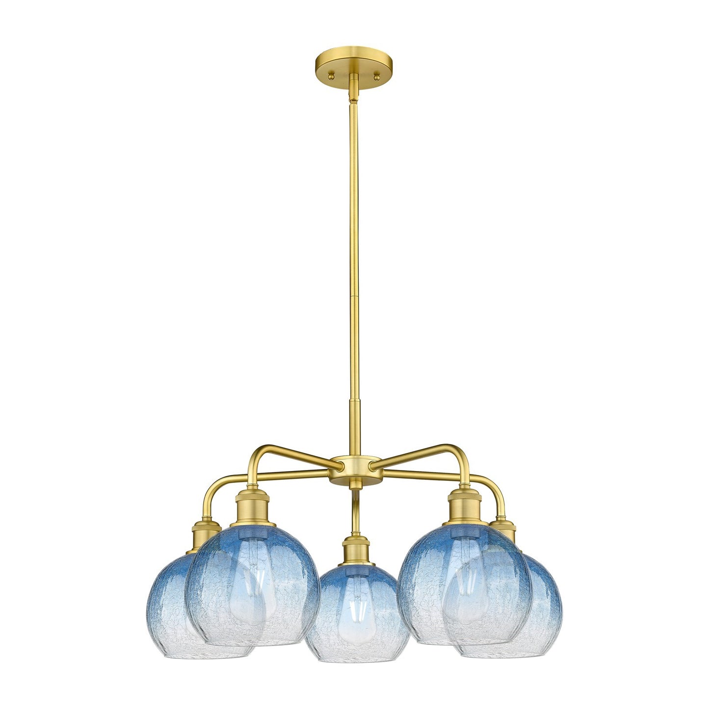 Innovations Brookhaven Globe 26in 5-Light Chandelier | Industrial Satin Gold Steel and Sapphire Blue Glass | Kitchen Island & | Model 516-5CR-SG-G483-8SB