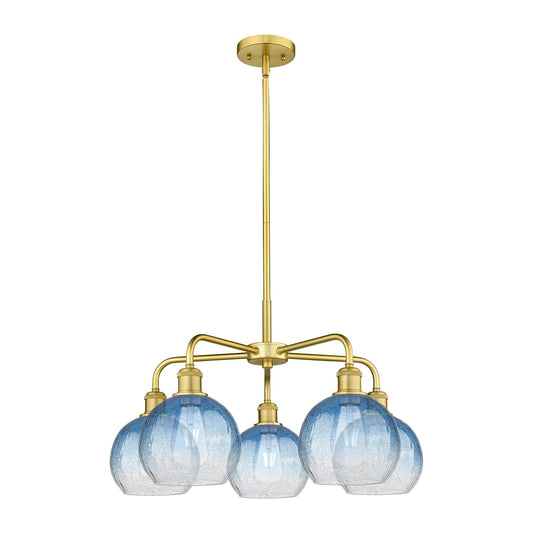 Innovations Brookhaven Globe 26in 5-Light Chandelier | Industrial Satin Gold Steel and Sapphire Blue Glass | Kitchen Island & | Model 516-5CR-SG-G483-8SB