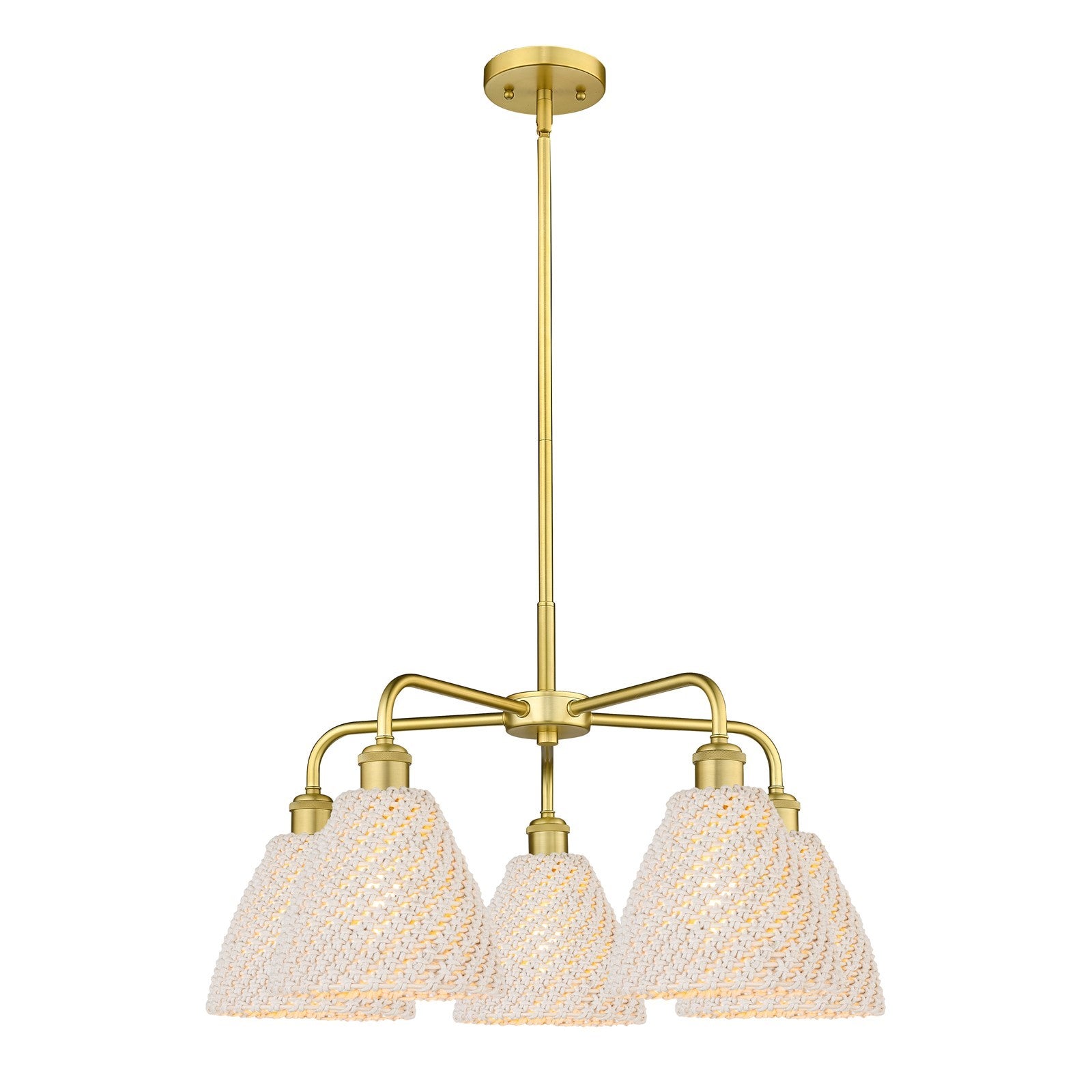 Innovations Bristol Natural 26in 5-Light Chandelier | Industrial Satin Gold Steel and Natural Fiber Dome Shade | Dining Room | Model 516-5CR-SG-NBD-75-NAT