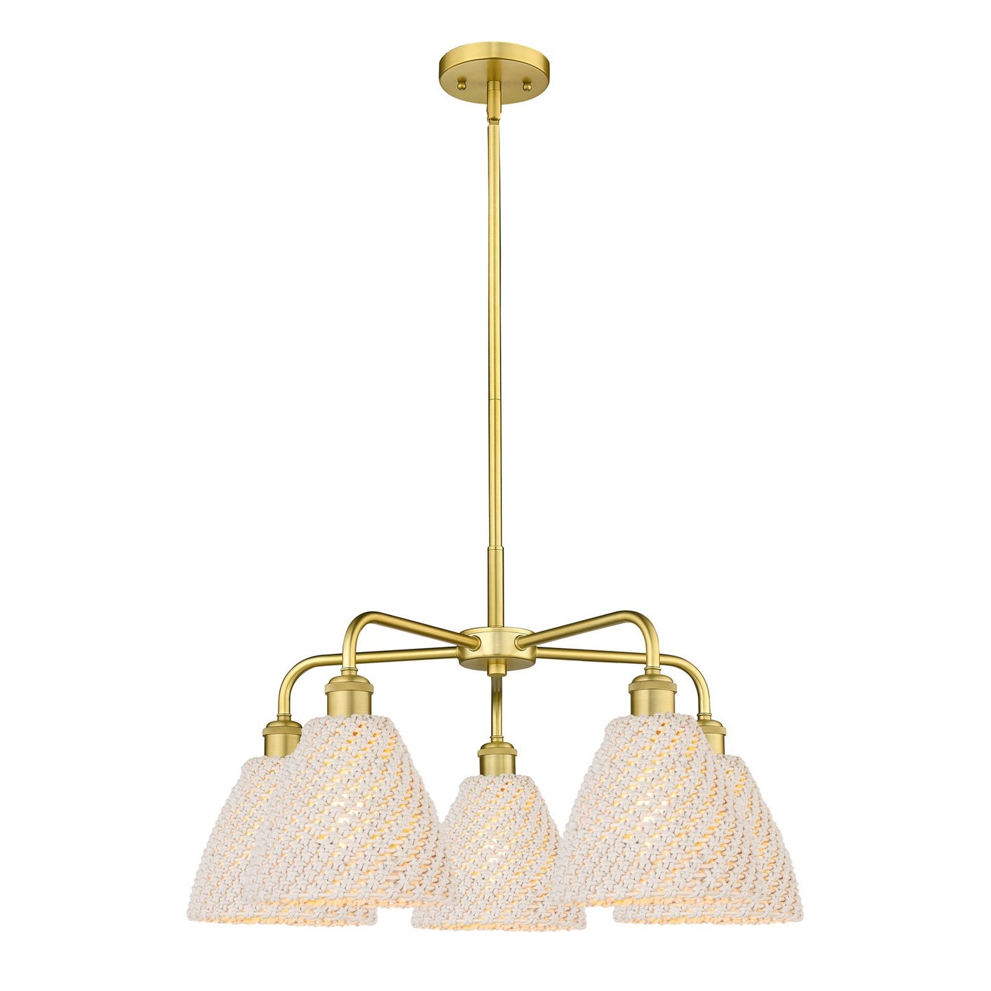 Innovations Bristol Natural 26in 5-Light Chandelier | Industrial Satin Gold Steel and Natural Fiber Dome Shade | Dining Room | Model 516-5CR-SG-NBD-75-NAT