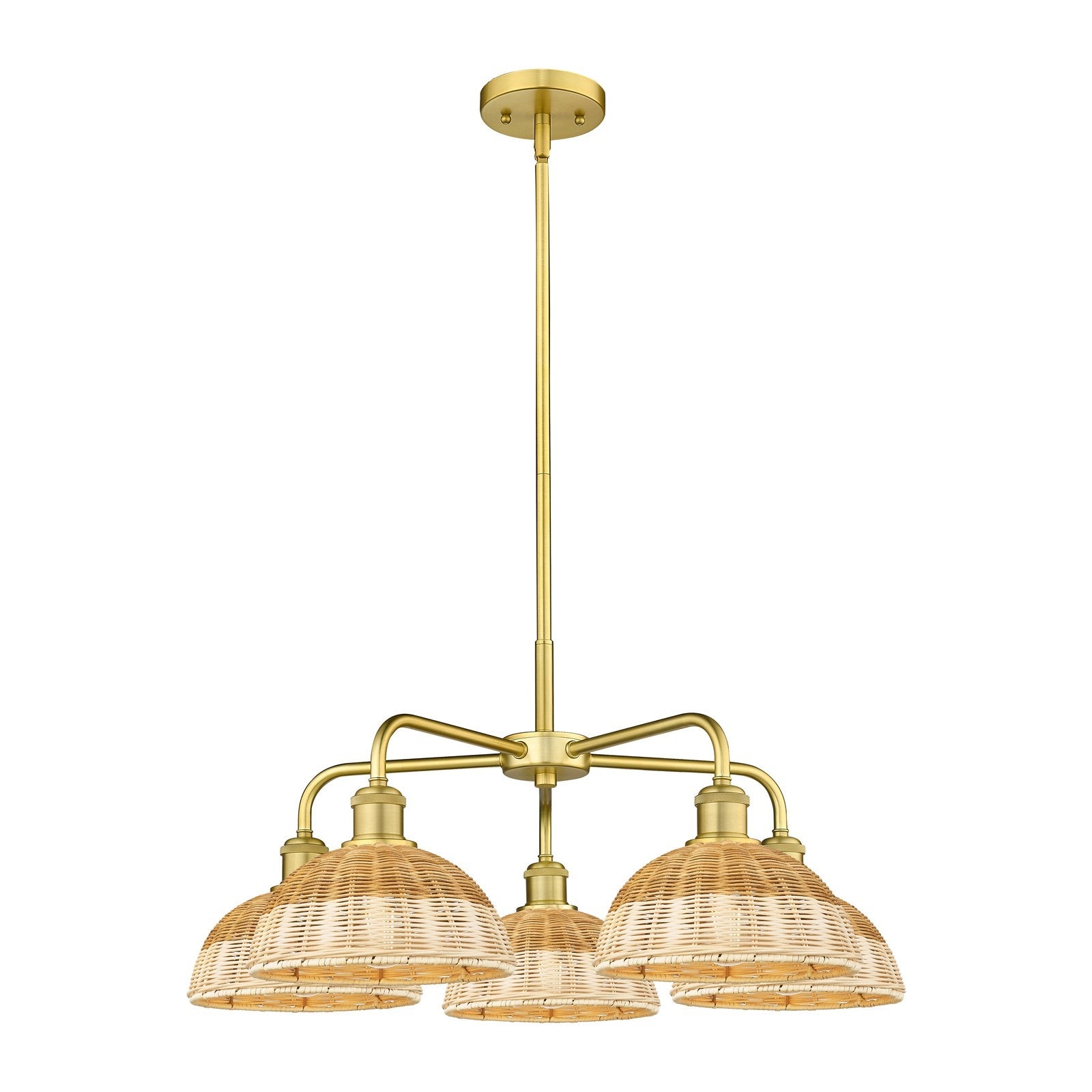 Innovations Bristol Natural II 28in 5-Light Chandelier | Industrial Satin Gold Steel and Natural Fiber Dome Shade | Kitchen | Model 516-5CR-SG-NBD2-9-NAT