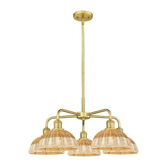 Innovations Bristol Natural II 28in 5-Light Chandelier | Industrial Satin Gold Steel and Natural Fiber Dome Shade | Kitchen | Model 516-5CR-SG-NBD2-9-NAT