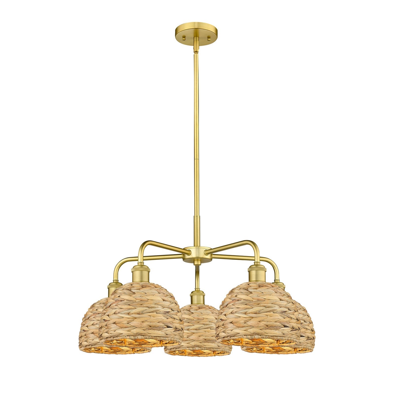 Innovations Woven Rattan 26.5in 5-Light Chandelier | Industrial Satin Gold Steel and Natural Fiber Dome Shade | Kitchen | Model 516-5CR-SG-RBD-8-NAT
