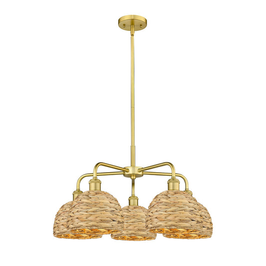 Innovations Woven Rattan 26.5in 5-Light Chandelier | Industrial Satin Gold Steel and Natural Fiber Dome Shade | Kitchen | Model 516-5CR-SG-RBD-8-NAT