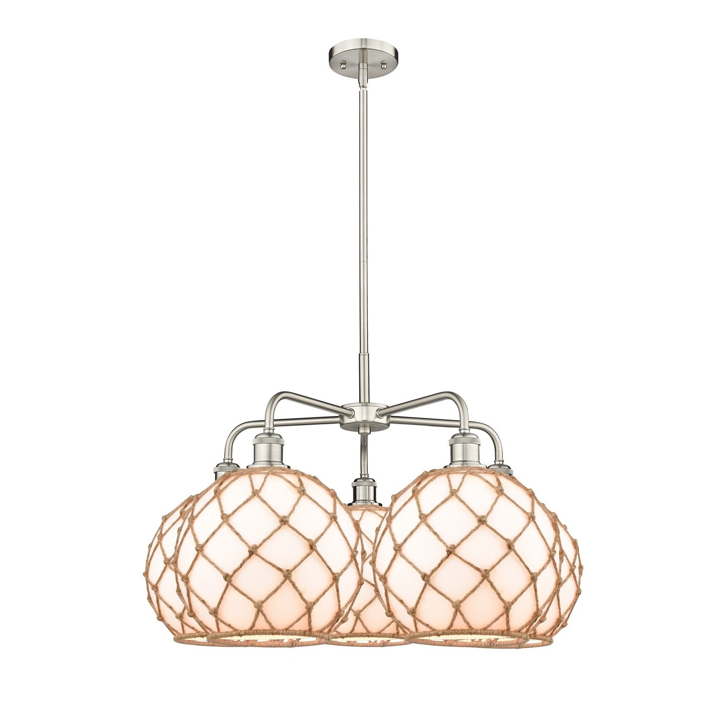 Innovations Farmhouse Rope 28.5in 5-Light Chandelier | Industrial Satin Nickel Steel and Matte White Glass with Brown Rope | Model 516-5CR-SN-G121-10RB