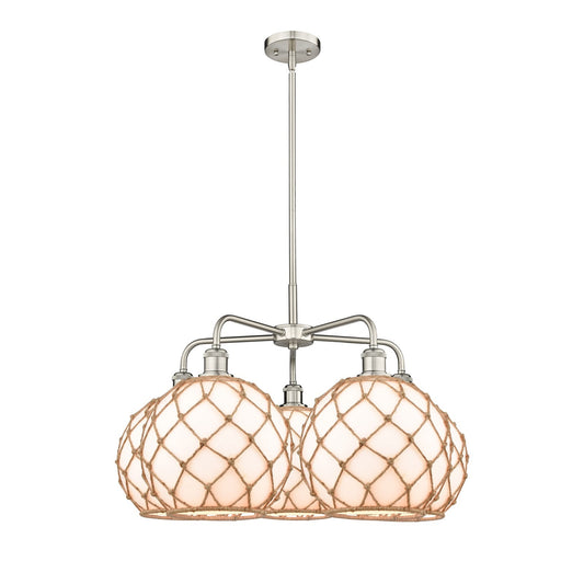 Innovations Farmhouse Rope 28.5in 5-Light Chandelier | Industrial Satin Nickel Steel and Matte White Glass with Brown Rope | Model 516-5CR-SN-G121-10RB