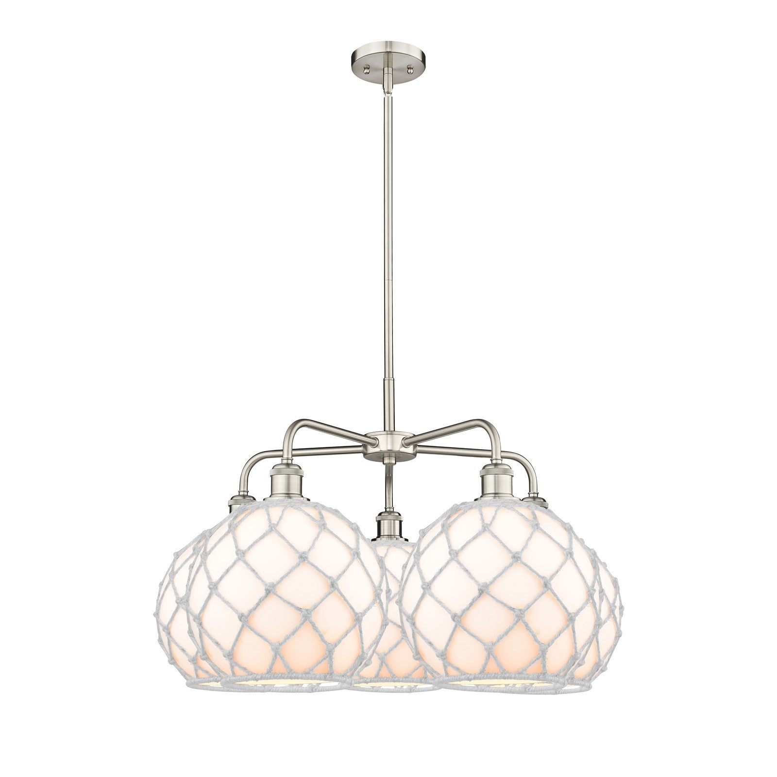 Innovations Farmhouse Rope 29in 5-Light Chandelier | Industrial Satin Nickel Steel and White Glass with Rope | Dining Room & | Model 516-5CR-SN-G121-10RW