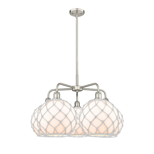 Innovations Farmhouse Rope 29in 5-Light Chandelier | Industrial Satin Nickel Steel and White Glass with Rope | Dining Room & | Model 516-5CR-SN-G121-10RW