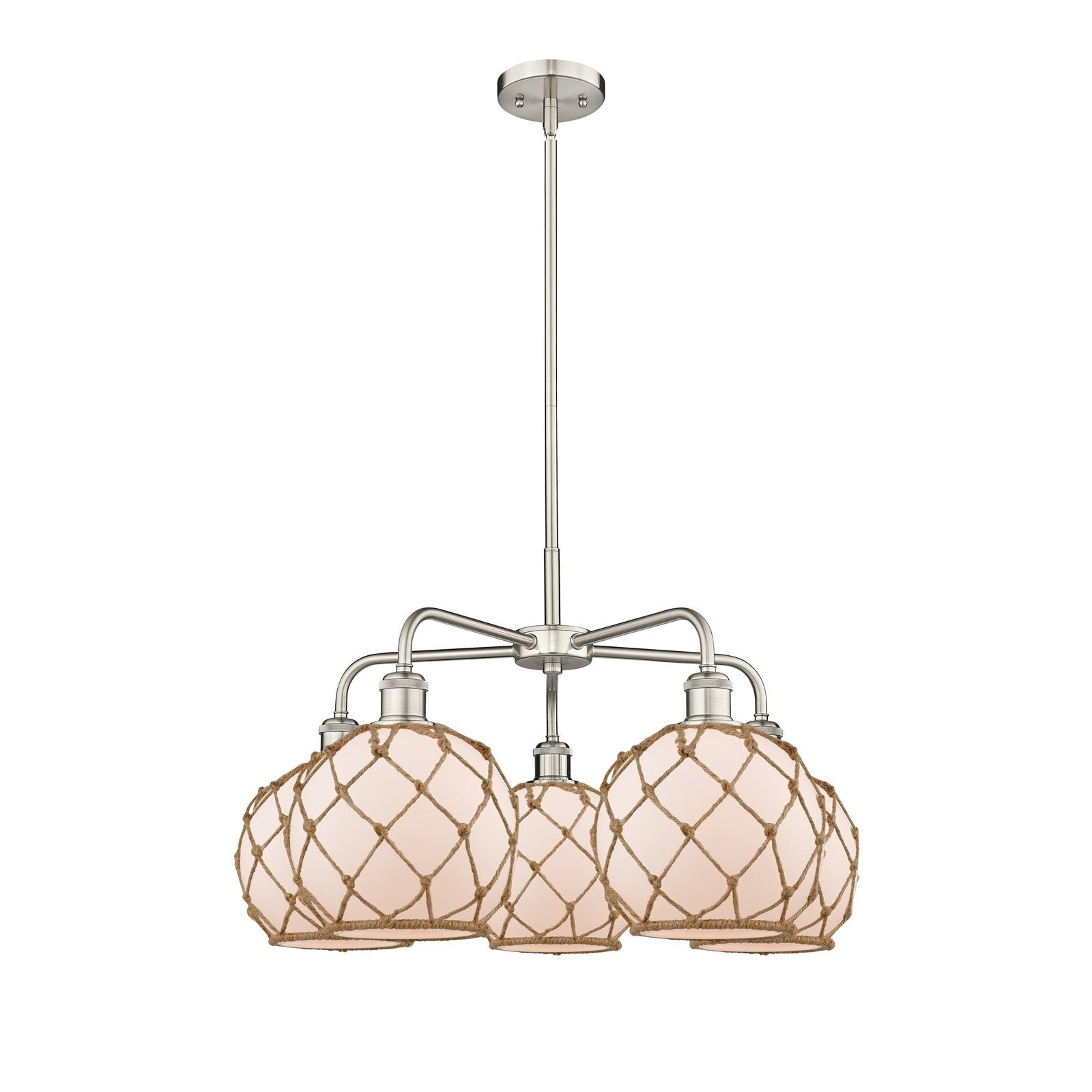Innovations Farmhouse Rope 27in 5-Light Chandelier | Industrial Satin Nickel and White Glass with Brown Rope | Dining Room & | Model 516-5CR-SN-G121-8RB